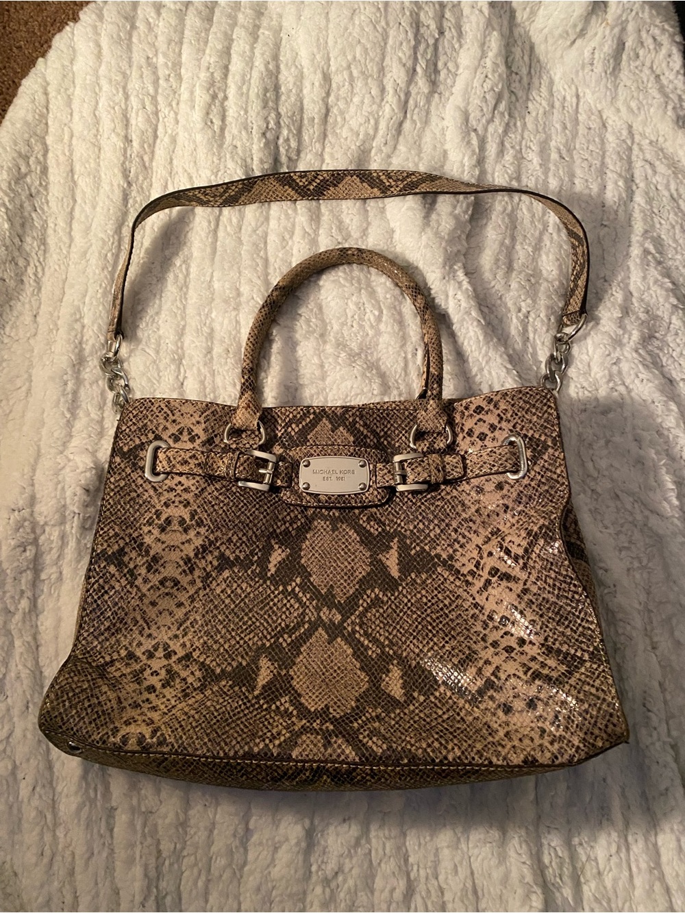Michael Kors Tan and Brown Snake-Print Satchel with Detachable Strap
